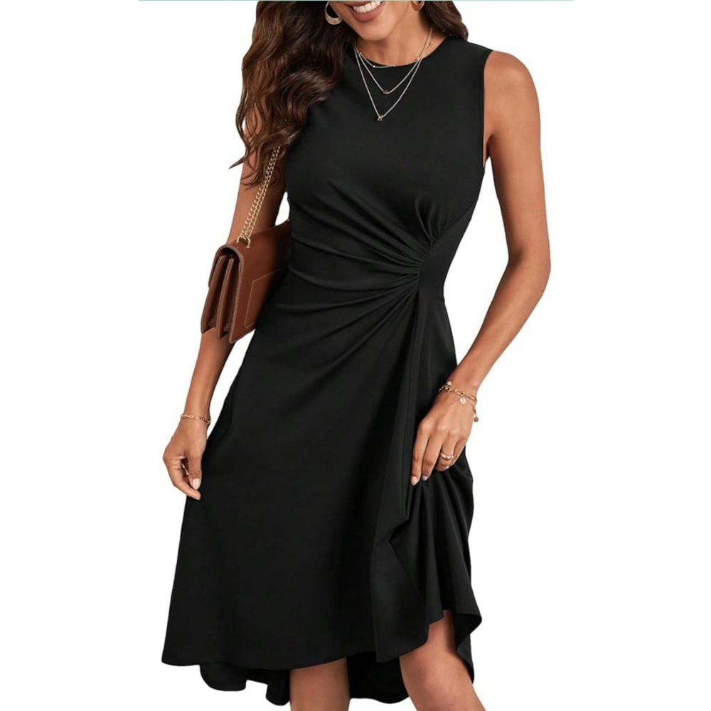 Verdusa Women's Sleeveless Crew Neck Ruched Front Asymmetrical Hem Midi Dress